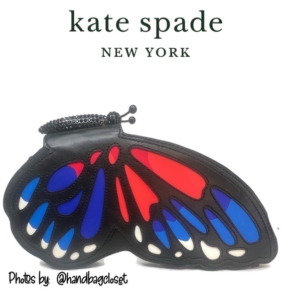 Kate Spade Monarch Butterfly Clutch Black Leather Novelty Rare Bag Purse Sequin - Picture 7 of 15
